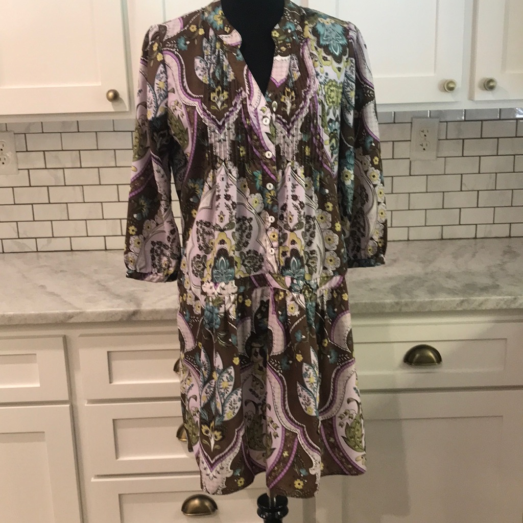 Ellison Dress Womens Large Brown Floral Print Bohemian Silky Paisley